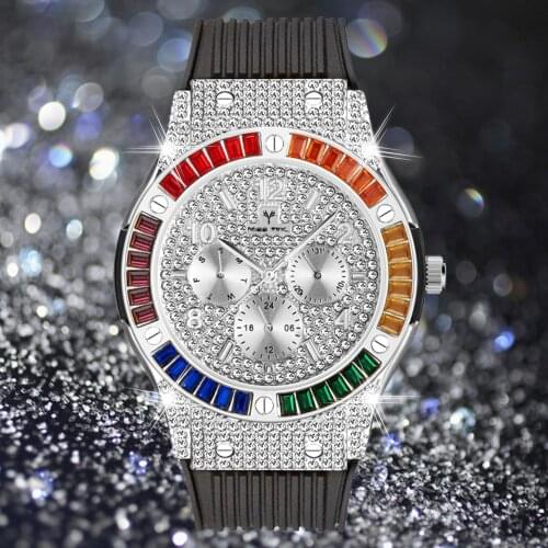 Iced Out Bling Diamond Luxury Rainbow Watch Men Black Rubber day-date Mens WristWatches Waterproof Male Clock Relogio Masculino