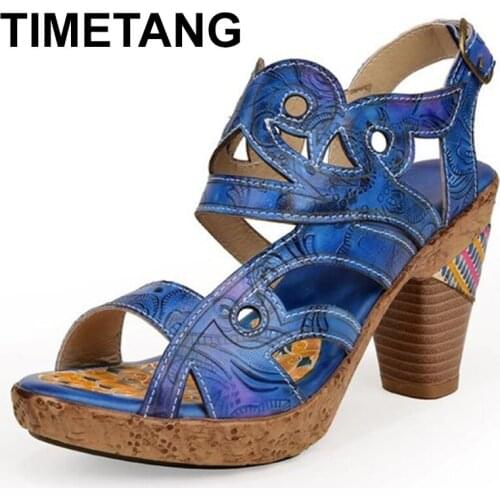 TIMETANG High Heels Retro Ladies Sandals Women Shoes 2020 New Spring Summer Genuine Leather Hand-painted Stitching Women Sandals