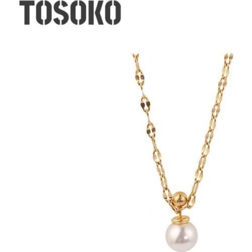 TOSOKO Stainless Steel Jewelry Water Ripple Chain Pearl Necklace Simple And Elegant Female Clavicle Chain BSP497