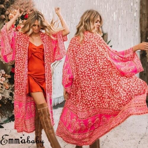 Vintage Women Long Sleeve Cover Up Ladies Floral Loose Shawl Kimono Cardigan Boho Swimwear Dress