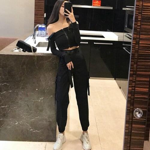2019 Ins Hot Women High-waisted Cargo Pants Safari Style Belted Sweat Pants High Street Pockets Black Trousers Womens Pantalons
