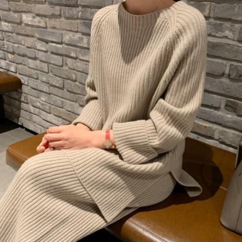 2021 Women Autumn Winter Knitted Sweater Two Piece Set Round Collar Loose Sweater Jacket with Elastic High Waist Pants