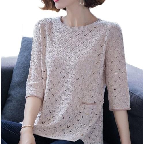 Summer Women Knitted Pullover Sweater Casual Short Sleeve Female Hollow Out Pull Jumpers O-neck Top Femme