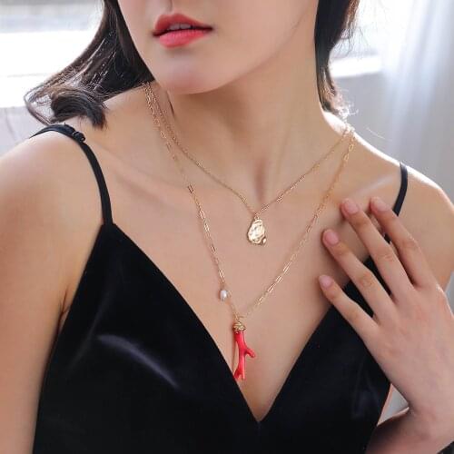 Fashion Boho Vintage Faux Pearl Gold Geometric Metal Red Coral Pendant Necklace For Women New Multilevel Chain Choker Jewelry