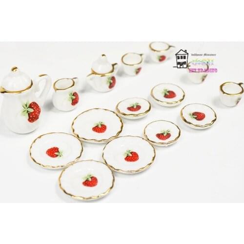 1/12 Miniature 15PCS Tea Cup Set Red Strawberry and Golden Trim Porcelain Tableware Kit Dollhouse Kitchen Accessories Good Gift