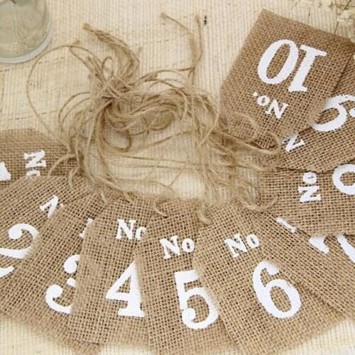 100 Sets Party Number 1-10 Burlap Flags Rustic Jute Table Numbers Vintage Rustic Reception Wedding Decoration ZA6577