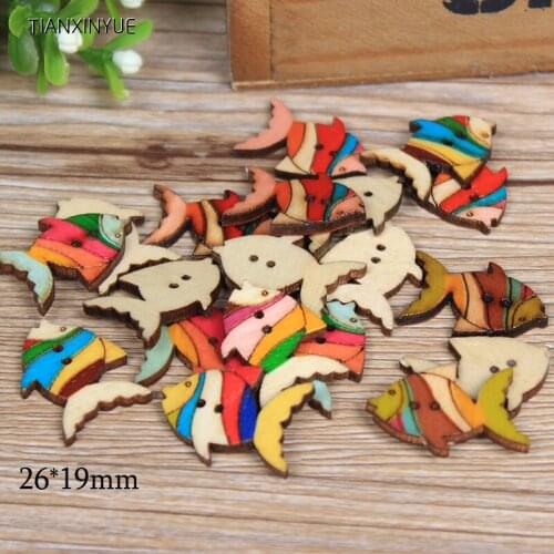 26*19 mm Cartoon Fish Wood Buttons sewing Scrapbooking Random color Two Holes Buttons,DIY Clothing Accessories