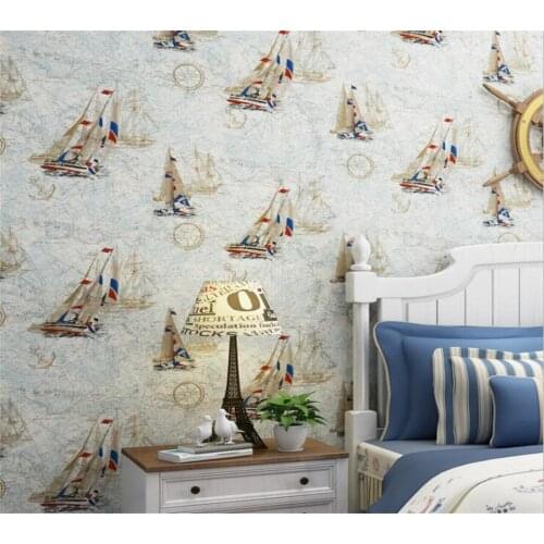 Wellyu Home Wallpaper Kids Room Nonwovens Cartoon Sailboats 3D Wallpaper roll Mediterranean Boys Girls Bedroom wallpaper