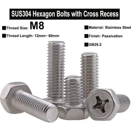 5Pcs/3Pcs/2Pcs M8 SUS304 Stainless Steel Hexagon Bolts with Cross Recess Phillips Screw Thread Length 12mm ~ 60mm GB29.2