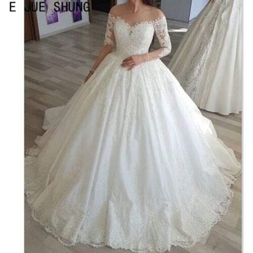 E JUE SHUNG White Lace Ball Gown Wedding Dresses Sheer Neck Illusion Long Sleeves Appliques Princess Wedding Bridal Gowns