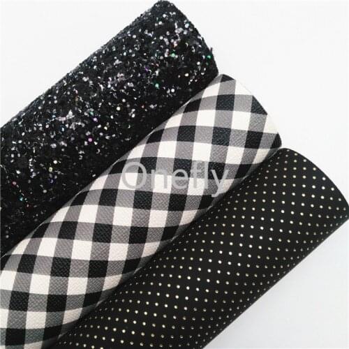 Onefly Black Glitter Leather, Plaids printed Faux Leather Gold Dots Fabric Sheets For Bow DIY handbags shoes BQ009