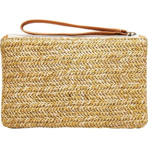 Boho Weaving Bag Fashion Ladies Wristlet Clutch Women Daily Money Phone Pouch Solid Straw Woven Coin Purse Beach Wallet Card Bag