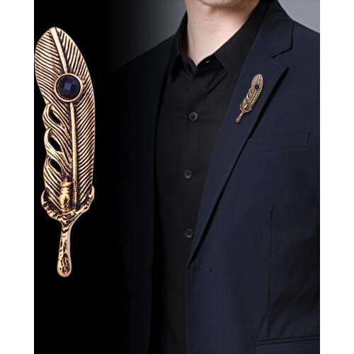 New Vintage Metal Feather Brooch Crystal Leaf Lapel Pin and Brooches Coat Suit Badge Luxury Jewelry for Women Men Accessories