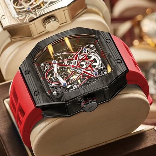 JINLERY Tonneau Richard Mens Watch Spider Edition Automatic Mechanical Movement Watch for Men Luxury Rubber Strap reloj hombre