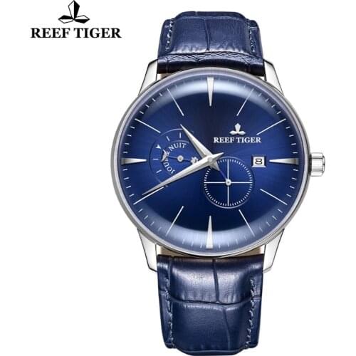 Reef Tiger New Designer Casual Watch Men Blue Dial Waterproof Analog Watch Genuine Leather Strap Automatic Mechanical Watch