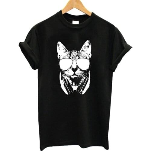COOLMIND CA0211B Summer 100% cotton Animal 3D DJ Cat Print Shirt O-Neck Short Sleeve T Shirt Women Best Friend Girls T-shirt