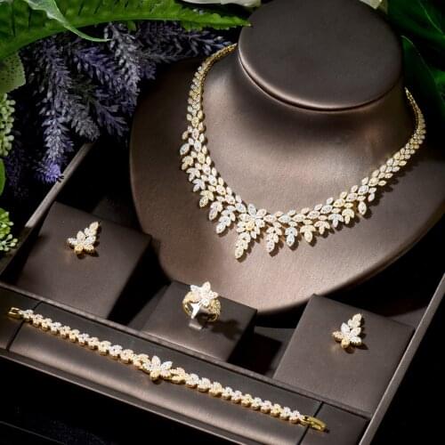 HIBRIDE Zircons 4pcs Micro Pave Cubic Zircon 3 Tones Flower Leaf Shape Wedding Jewelry Set for Women Evening Party Dress N-1792