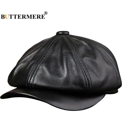 Black Genuine Leather Newsboy Cap Men Real Leather Winter Hat Vintage Brand High Quality Octagonal Cap For Men Flat Cap