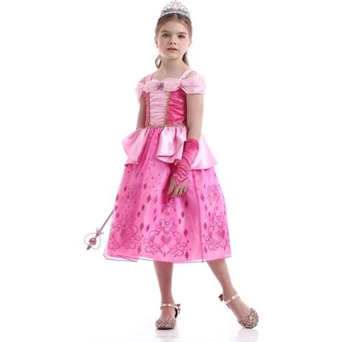 Girls Princess Auroras Costume Sleeping And Beauty Dress Pink Princess Disfraz With Accessories Halloween Party Long Dress Kids