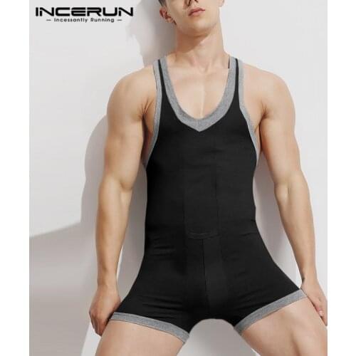 2021 Men Pajamas Rompers Patchwork Homewear V Neck Sleeveless Jumpsuits Men Bodysuit Cozy Fitness Sexy Sleepwear S-5XL INCERUN