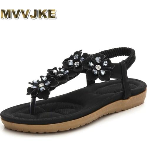 MVVJKE 2018 Summer Women Casual Flat Beach Sandals Shoes Woman Bohemia Flip Flop Crystal Flower Female Gladiator Sandals