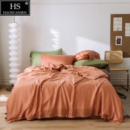 Orange Fabric 4Piece Bedding Sets Tencel Lyocell Soft Breathable Pillowcase Duvet Cover Fitted Sheet Bed Sheet Queen King Size
