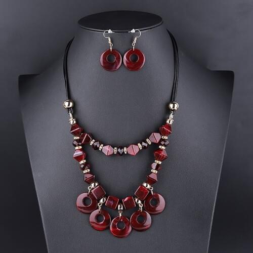Fashion Acrylic Resin Jewelry Sets For Women Geometric Leather Rope square Pendants Necklaces Statement Round Drop Earrings