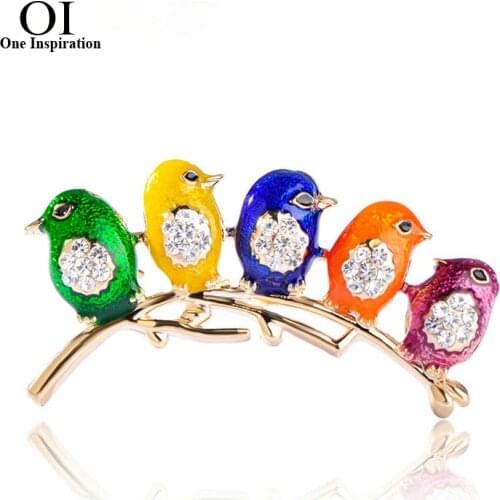 OI Colorful Five Cute Birds Brooches Crystals Enamel Jewelry For Girls Kids Best Scarf Shoulder Suit Collar Corsages