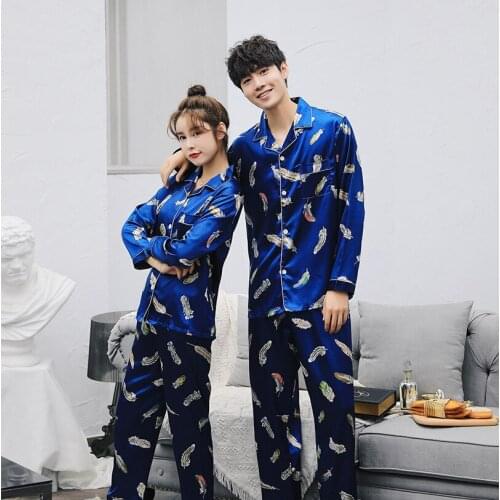 Lovers' long sleeve pajamas Korean simulation silk spring autumn thin mens and womens Pajama suit