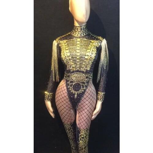 Party girl long gold jumpsuit nightclub bar female singer DJ guest gogo costume stage dance wear