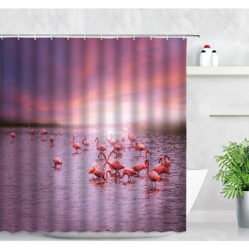 Flamingo Shower Curtains Sunset Lake Water 3D Printing Red Feather Wild Animals Waterproof Bathroom Decor Hooks Bath Curtain Set