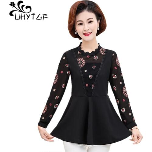UHYTGF Women spring t-shirt 2020 long sleeve pullover elegant mom loose plus size tops printed casual thin t shirt for women1517