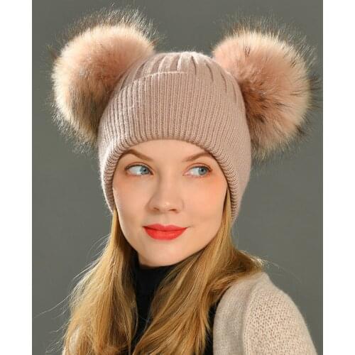 Women Winter Fashion Fur Pompom Hat for Girls Crochet Beanie Hats for Adults Knitted Wool Double Two Pompom Fur Hat