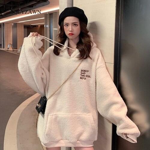 Women Korean Sweet Sweatshirts Oversized Long Hoodies Winter Fleece Warm Chic Outerwear Lamb Cashmere Hooded Pullover Tops Mujer