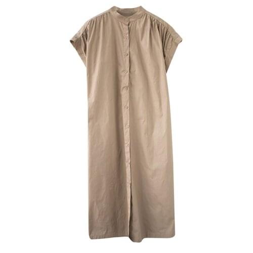 2021Summer New Women Loose Casual Dress Pocket Button Maxi Dress Stand-Up Collar Short Sleeve Robe Vintage Dress Vestidos FC1223