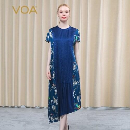 VOA Silk Printed Elastic Twill Round Neck Short Sleeve Pleated Patchwork Asymmetric Micro-elastic Dress for Women Summer AE857