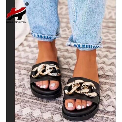 2021 Summer Low Heel Womens Shoes Open Toe Sandals Chain Decoration Outdoor Casual Slippers Plus Size