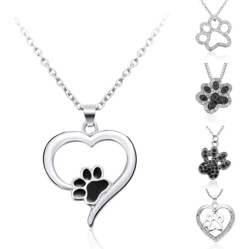 4 Styles Crystal Heart Necklace Cute Cat Dog Paw Print Clavicle Necklace Women Girls Animal Rhinestone Pendant Necklace Jewelry