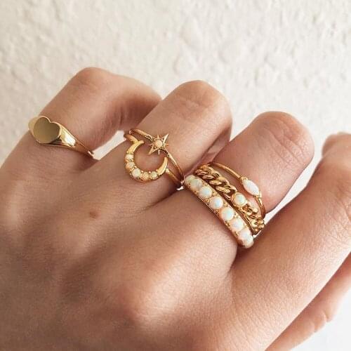 6 Pcs/Set Retro Gold Color Alloy Heart Star Moon Ring for Women Vintage Knuckle Ring Ring Set Midi Ring Korean Simple