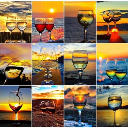 DOHAWIZS Diamond Embroidery Sunset Scenery Full Square Round Drill Seaside Wine Glass Landscape Cross Stitch Kits Cup Home Decor