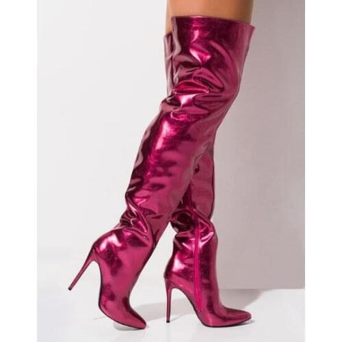Dipsloot Laser Sexy Purple Orange Shining Over The Knee Slouch Zipper Runway Dress Boots Pointed Toe Thin High Heel Solid Boots