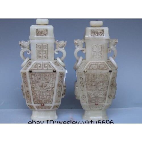 Chinese Natural Old White Jade Nephrite Silver-inlaid Dynasty Dragon Vase A Pair
