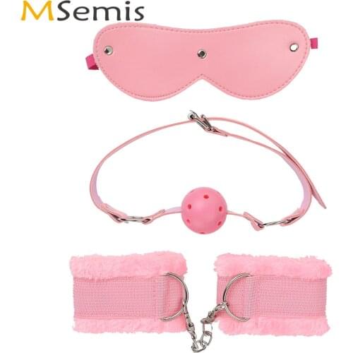 3Pcs Adult Games Sex Toy Kit Cosplay Slave Restraints Plush Wrist Cuffs Blindfold Ball Gag Toys Erotic Accessories for Couples