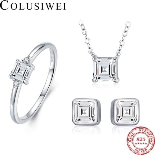 Colusiwei Wedding Engagement Bride Jewelry Set Emerald Cut or Paraiba Tourmaline Square Necklace & Earring & Ring for Women Wife
