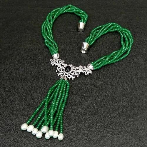Cubic zirconia White Pearl Pendant 20" 6 Strands Green Jade statement Necklace