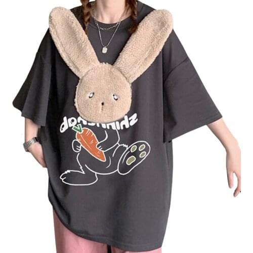 Summer Loose Girly T Shirt Patch Harajuku Rabbit Ears Print Bunny Holding Carrot Women Tees Girlfriends Outfit Dark Gray Tops