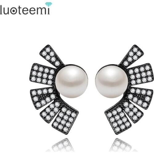 LUOTEEMI Trendy Brand Stylish Cubic Zirconia With Simulated Pearl Paved Ear Stud Earrings Women Wholesale Jewelry Brincos