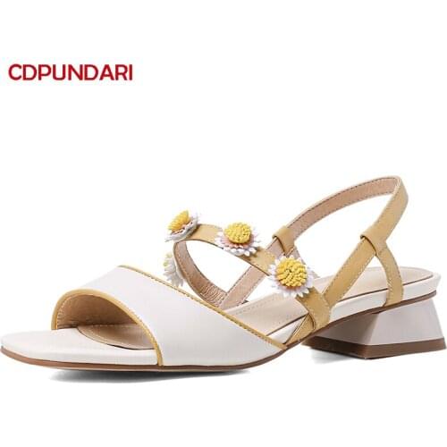 Fashion Flower Genuine Leather Low heels Sandals Women Summer Casual Shoes Ladies Sandales Femmes 2021 Sandalias Mujer