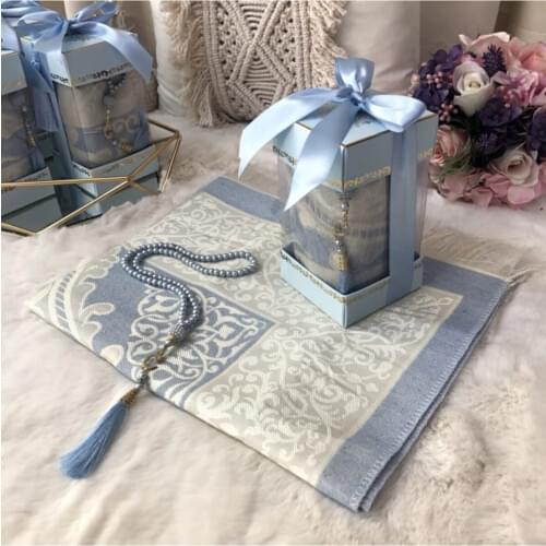 Çırağan Series Cotton Taffeta Prayer Rug And Rosary Gift Set Blue Hajj Umrah Friday Prayer Feast Mawlid Prayer Rug Muslim Islamic gift
