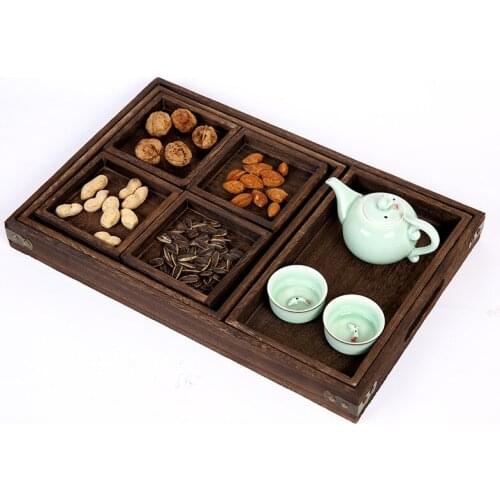 New Burnt Color Vintage Wooden Tea Tray Retro Paulownia Tea Set Hotel Fruit Dessert Tray Serving Tea Plate Set Wholesale